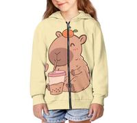 QWEFVB Sudadera con capucha y cremallera para niñas, chaqueta de otoño, ropa de moda, 6-16 años, Capybara Cute, L