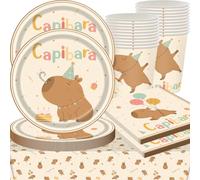 QWEPU Capybara Juego de Vajilla Party, Vajilla Reutilizable Party Supplies, 61PCS Juego de Vajilla para Fiesta de Cumpleaños, manteles, platos, servilletas, vasos de papel,20 personas (marrón)