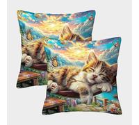 QWERTYUIOPD Lazy Cat Afternoon Scenery Fundas Almohada 3D Set de 2 Fundas Poliester Cremallera Invisible Dormitorio Ninos 45x45cm