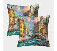 QWERTYUIOPD Paisaje Ribera Europeo Fundas Almohada 3D Set de 2 Fundas Arquitectura Urbana Poliester Cremallera Invisible Adultos Ninos Decoracion Dormitorio Facil Cuidado 40x40cm