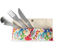 Qwetch - Juego de 3 cubiertos de acero inoxidable y bolsa textil Arty algodón orgánico, juego de cubiertos para almuerzo, lavable en lavavajillas para oficina, pícnic, camping, viajes