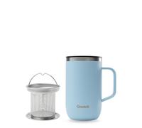 QWETCH - Thermobecher de acero inoxidable reciclado con asa y filtro en azul pastel - Botella termo de 470 ml - Termo para café y té - 6 horas caliente y 12 horas frío - Cierre deslizante con