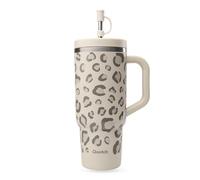 QWETCH - Travel Cup 900 ml con pajita y asa - 48 h helado / 12 h frío - Botella isotérmica de acero inoxidable reciclada - Taza con tapón de rosca antisalpicaduras - Taza termo - Leopard Arena