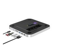 Qwiizlab Hub USB-C con carcasa SSD, estación de acoplamiento para Mac Studio Mac mini M2/M1/Intel, tipo C de 10 Gbps, lectores de tarjetas de 104 MB/s, se adapta a M.2 PCIe SATA y NVMe SSD (plateado)