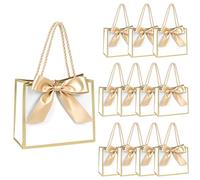 QWORK® 12 Bolsas de Regalo Pequeñas 14x6x12cm - Mini Bolsas de Papel con Borde Dorado y Lazo de Satén para Bodas, Bautizos y Comuniones - Bolsitas Elegantes para Joyas, Dulces y Detalles de Invitados
