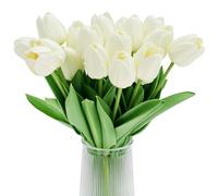 QWORK® 20 Piezas Flores de Tulipanes Artificiales, Flores de tulipán Artificiales de Tacto Real, Ramos de decoración para Fiestas, Bodas y hogar,Blanco