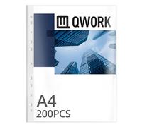 QWORK® 200 Unidades Fundas Transparentes A4, Fuertes 0.06mm, Funda de Plástico Perforada para Documentos