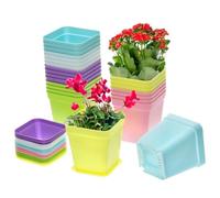 QWORK® 24 Piezas macetas cuadradas de plástico de Colores con bandejas, macetas de 7 cm para iniciar plántulas para suculentas, Cactus, Hierbas y Verduras