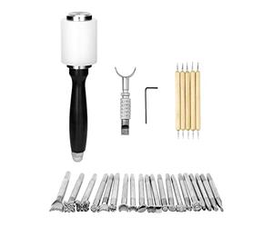QWORK® 27 Piezas Juego de Herramientas para Manualidades de cuero, Sello de cuero, Sello de Dibujo, Martillo de Nailon y Cuchillo para tallar