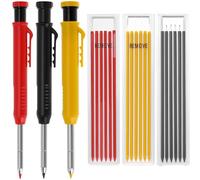 QWORK® 3 Lápices de Carpintero Macizo con 18 Recargas, Portaminas Carpintero de Agujero Profundo de Punta Larga con Sacapuntas (Rojo Amarillo Negro)