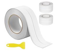 QWORK® 3 Rollos Cinta Selladora Autoadhesiva 3.8cm x 3.2m - Tira de Calafateado Impermeable para Bañera, Cocina y Fregadero - PVC Flexible con Herramienta de Alisado, Blanco