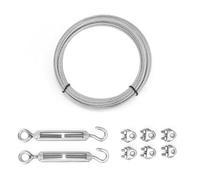QWORK® 5m Cable de Acero Inoxidable 3 mm, Cables de 304 Acero Inoxidable Kit, Cable de Acero con Tensor M5, para Enrejados, Suspensiones de Lámparas, Cercas, Tendederos