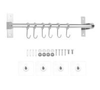 QWORK® Barra colgante de acero inoxidable, 40 cm barra utensilios cocina con 6 ganchos móviles, autoadhesiva y montaje con tornillos, para cocina, vestidor, baño