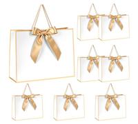 QWORK® Bolsas de regalo con borde dorado y lazo, 8 piezas (32x25x10cm) - Elegantes bolsas de papel para bodas, cumpleaños y navidad - Blanco dorado