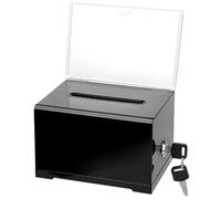 QWORK® Caja de Donación de Acrílico Negro con Cerradura y Soporte para Carteles - 16x12x10cm - para Boletos de Rifa, Boletas, Hucha y Más