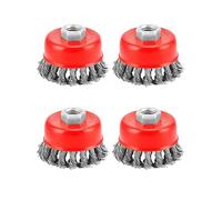 QWORK Cepillo de copa de alambre para rueda, paquete de 4 ruedas de alambre trenzado de 3 pulgadas, eje roscado de 5/8 pulgadas a 11, 0.02 pulgadas x 3 pulgadas, para amoladora angular, limpieza de