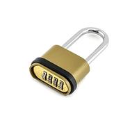 QWORK Cerradura de combinación resistente al aire libre, combinación de 4 dígitos con acabado de latón largo grillete candado para puerta, cerca, caja de herramientas