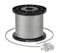 QWORK® Cuerda de acero 2 mm x 50 m, acero inoxidable 304, con 40 abrazaderas de aluminio - construcción 7x7, Capacidad de carga de 50 kg, Fuerza de rotura de 160 kg