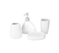 QWORK Elegante juego de accesorios de baño de cerámica blanca, conjunto moderno de 4 piezas en forma de lágrima, incluye dispensador de jabón, vaso, soporte para cepillo de dientes y jabonera para