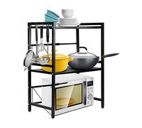 QWORK® Estante Extensible para microondas de 2 Niveles, Estante para microondas, Soporte para microondas, con 4 Ganchos, Negro