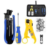 QWORK® Herramientas de pelado cable coaxial set, pinza de compresión con 20 conectores de compresión F, para tipos de cable RG6, 75-5, 75-7