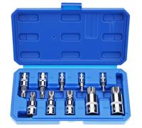 QWORK® Juego de 10 llaves de vaso con puntas multidientes, con entrada de 1/2", 1/4" y 3/8", con estrías internas M4-M18, cromado de alto brillo