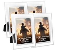 QWORK® Juego de 4 marcos de fotos de cristal espejado plateado de 10x15cm, se pueden colocar horizontal o verticalmente, para exhibición de mesa