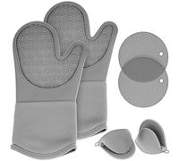 QWORK® Juego de 6 Manoplas de Horno de Silicona, 1 par de Guantes Horno, 2 agarraderas para ollas y 2 Mini Manoplas de Horno, para Barbacoa, Hornear, microondas, Gris