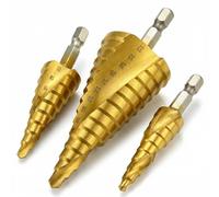 QWORK® Juego de brocas escalonadas de 3 piezas, broca escalonada ranurada en espiral, 4 mm a 12/20/32 mm, HSS con revestimiento de titanio, para madera, plástico, chapa fina de metal