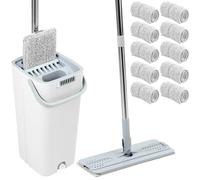 QWORK® Juego de fregona Plana y Cubos, Sistema de Limpieza Multifuncional de Dos cámaras, con 10 Almohadillas de Microfibra y Mango de 120 cm