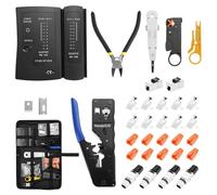 QWORK® Juego de herramientas de red - Tenaza para crimpado Pass Through RJ45 para Cat7, Cat6, Cat5, incluye probador de cables LAN y accesorios