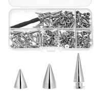 QWORK® Kit de 100 Clavos cónicas de metal con destornillador - 3 tamaños: 10 mm, 13 mm y 20 mm - Púas plateadas para proyectos de bricolaje con ropa y cuero