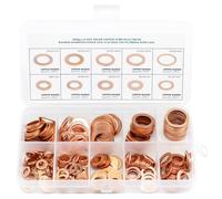 QWORK® Kit de Arandela de Cobre M5-M14, 200 Piezas Sellos de Anillo Plano para Tapones de Sumideros Agua Combustible, 9 Tamaños (M5 M6 M8 M10 M12 M14)