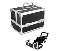 QWORK® Maletín de Maquillaje Portátil con Espejo, Estuche de Maquillaje Negro, Estuche de Cosméticos de Aluminio, Maleta para Uñas