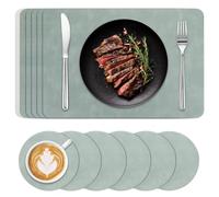 QWORK® Manteles Individuales de Cuero Sintético 44,5x30cm - Juego de 6 Salvamanteles y 6 Posavasos de Doble Cara, Impermeables y Lavables para Mesa de Comedor, Cocina, Restaurante y Oficina