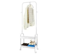 QWORK® Perchero de metal resistente con ruedas, carrito de almacenamiento para perchero con estante de almacenamiento de 2 niveles, color blanco