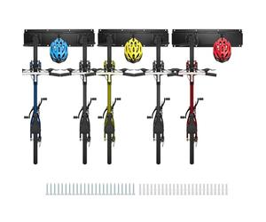 QWORK® Soporte Bicicletas Pared para 5 Bicicletas + 3 Cascos, Compatible con Bicis de Montaña, Carretera y Plegables, Longitud Rotal del Riel 120 cm, Soporta hasta 225 kg