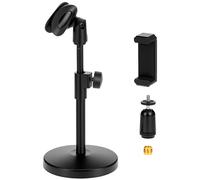 QWORK® Soporte microfono mesa multifuncional, pie de microfono ajustable con clip teléfono móvil, conector de 5/8 pulgadas a rosca de 3/8 pulgadas, para conferencias, transmisiones en vivo
