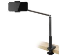 QWORK® Soporte móvil con Abrazadera para Mesa y Cama, Ángulo Ajustable de 360°, Brazo telescópico de Aluminio, Adecuado para teléfonos móviles de 4" - 6,8"