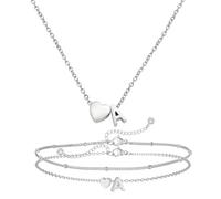 Qwrqwr Juego de collar y pulsera con dije de corazón de plata de 14 quilates, joyería en capas de alfabeto simple personalizado a juego para mujeres y niñas, regalos de festival de cumpleaños, talla