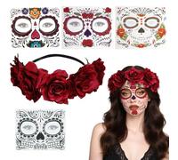 Qwrqwr Tocado de Halloween Día de los Muertos Rosa Tocado y Tatuaje Facial Temporal Mexicana Diadema Disfraz Accesorios de Carnaval Mujer (Vino)