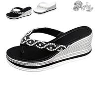 QWSYGH Sandals for Women Sparkly Wedge Heel Elegant Platform Flip Flops Thick Sole Rhinestones Boho Beach Sandal (Black,36)