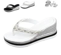 QWSYGH Sandals for Women Sparkly Wedge Heel Elegant Platform Flip Flops Thick Sole Rhinestones Boho Beach Sandal (White,36)