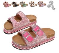 QWSYGH Women's Versatile Rhinestone Platform Slippers, Fashionable Casual Double Buckles Comfortable Open Toe Platform Slipper (Rose red,37)
