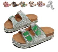 QWSYGH Women's Versatile Rhinestone Platform Slippers, Fashionable Casual Double Buckles Comfortable Open Toe Platform Slipper (Green,39)