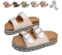 QWSYGH Women's Versatile Rhinestone Platform Slippers, Fashionable Casual Double Buckles Comfortable Open Toe Platform Slipper (White,37.5)