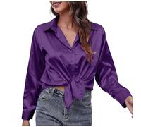 QWUVEDS Blusa de seda de satén para mujer, camisa con botones, informal, holgada, de manga larga, trabajo de oficina, blusa de edición larga, blusa elegante de encaje transparente, morado, M