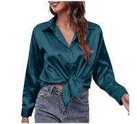 QWUVEDS Blusa de seda de satén para mujer, camisa con botones, informal, holgada, de manga larga, trabajo de oficina, blusa de edición larga, blusa elegante de encaje transparente, GN1, XL