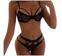 QWUVEDS Lencería sexy para mujer para sexo, ropa interior transparente, sujetador deportivo para mujer, ropa interior sexy para exteriores, ropa interior hueca, bikini negro, conjunto de tres puntos,