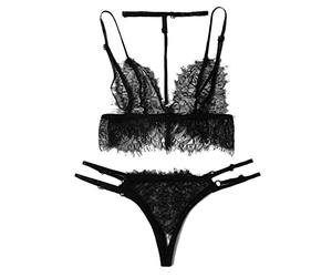 QWUVEDS ropa interior mujer S-2XL-negro entrepierna encaje cuello en V floral conjunto de sujetador abierto ropa de dormir sexy mujer calzoncillos mujer sin costuras calzoncillos mujer bragas mujer